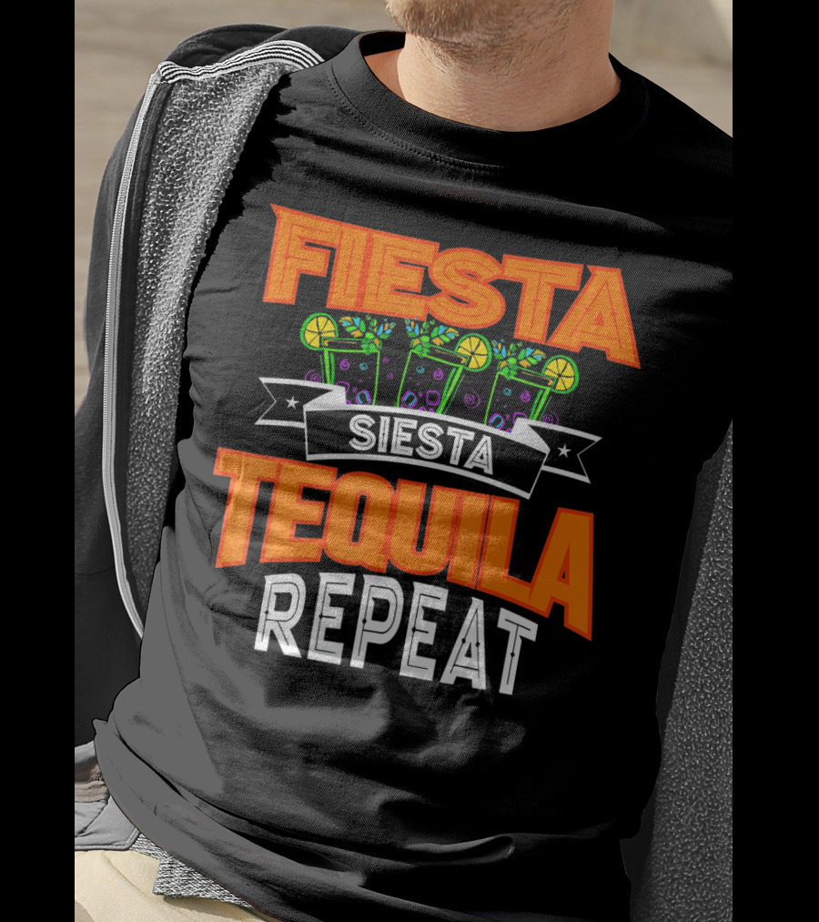 Fiesta Siesta Tequila Repeat Drinker Cin Colorful Margarita Glasses Lime Party T-Shirt