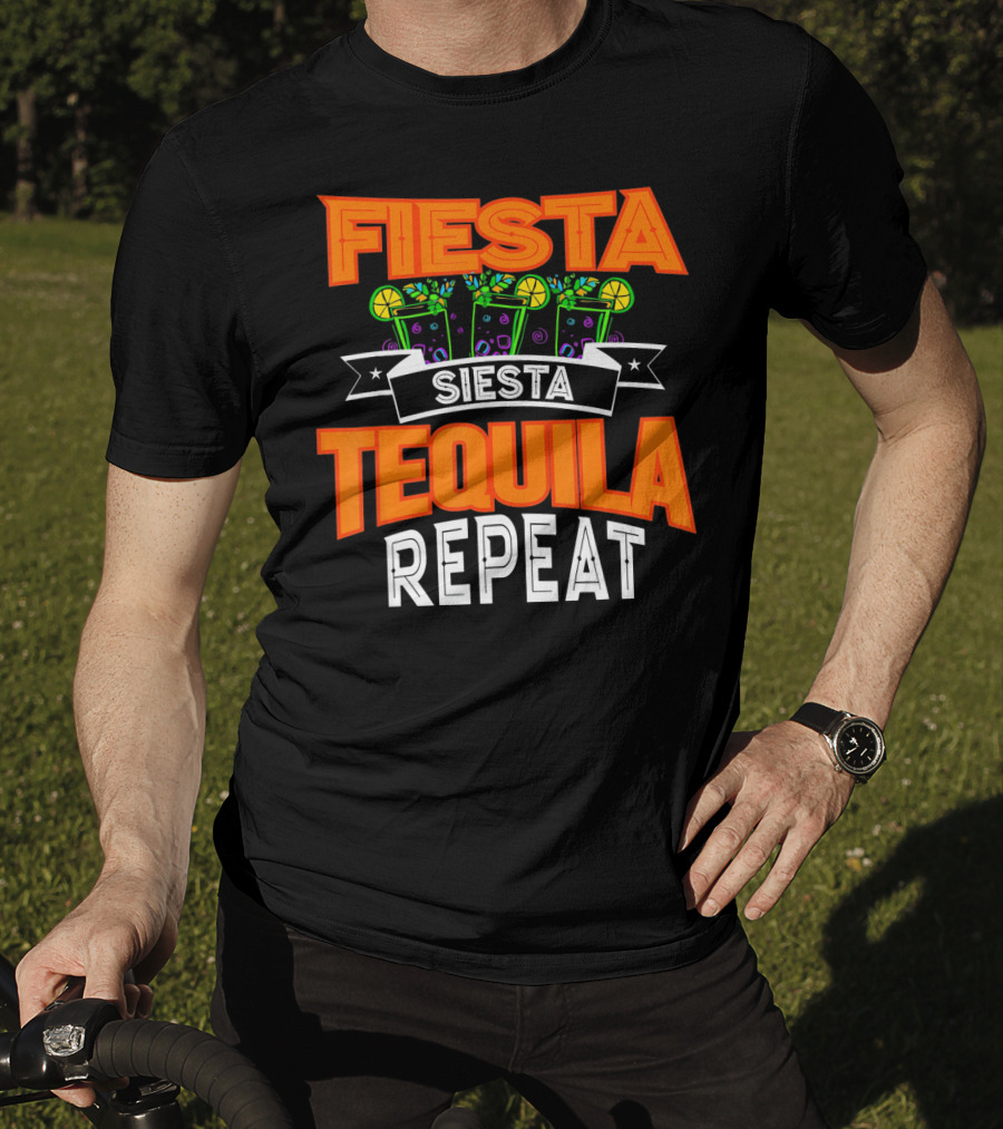 Fiesta Siesta Tequila Repeat Drinker Cin Colorful Margarita Glasses Lime Party T-Shirt
