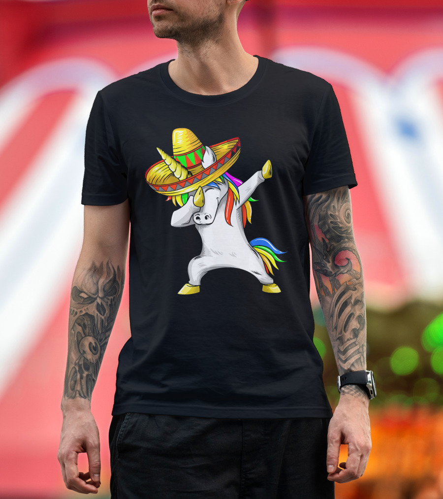 Dabbing Cinco De Mayo Unicorn With Sombrero and Rainbow Mane T-Shirt