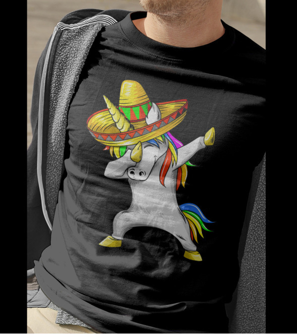 Dabbing Cinco De Mayo Unicorn With Sombrero And Rainbow Mane T-Shirt