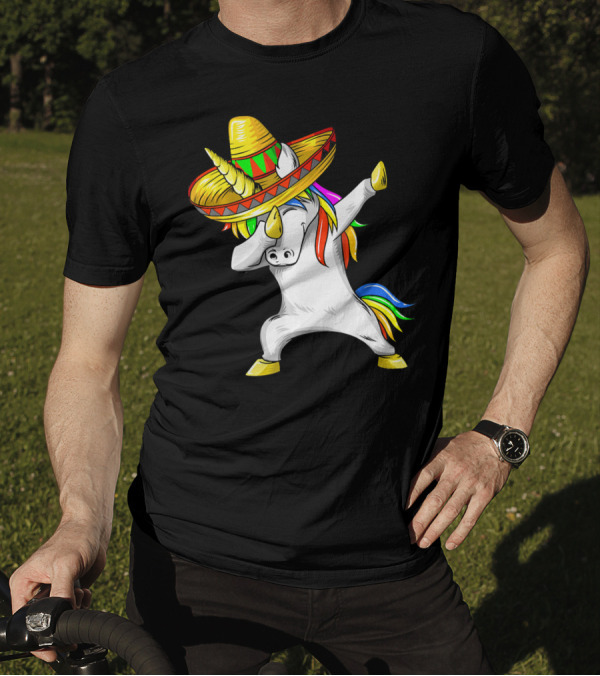 Dabbing Cinco De Mayo Unicorn With Sombrero And Rainbow Mane T-Shirt