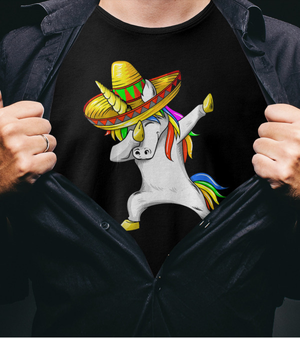 Dabbing Cinco De Mayo Unicorn With Sombrero And Rainbow Mane T-Shirt