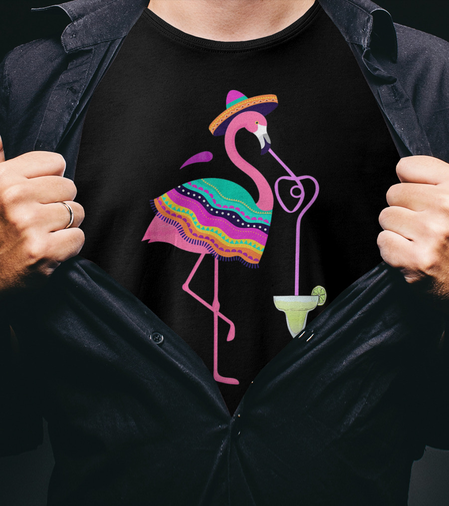 Cinco De Mayo Flamingo With Margarita And Sombrero Fun T-Shirt
