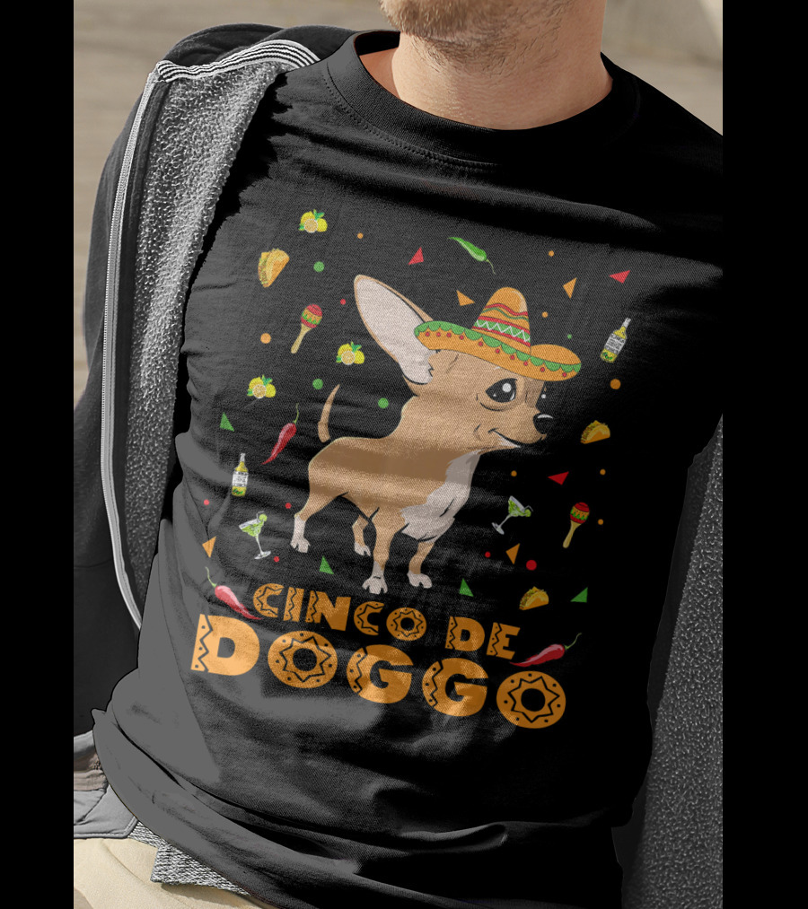 Cinco De Doggo Chihuahua Sombrero Mexican Fiesta Peppers Tequila T-Shirt