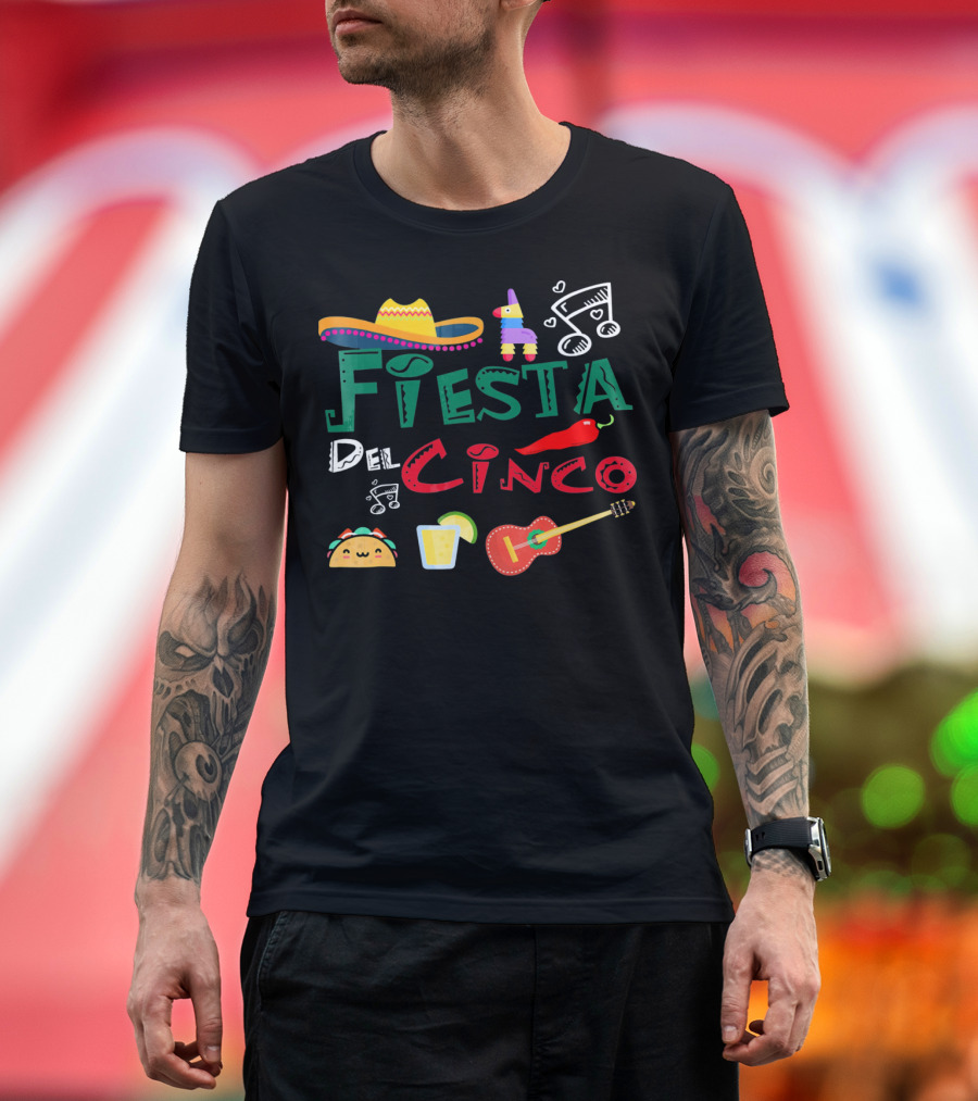 Fiesta Del Cinco Sombrero Piñata Taco Guitar Jalapeño Music Notes T-Shirt