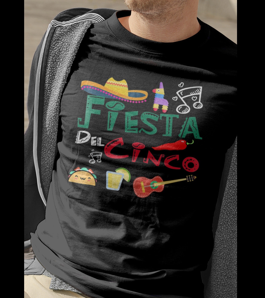 Fiesta Del Cinco Sombrero Piñata Taco Guitar Jalapeño Music Notes T-Shirt