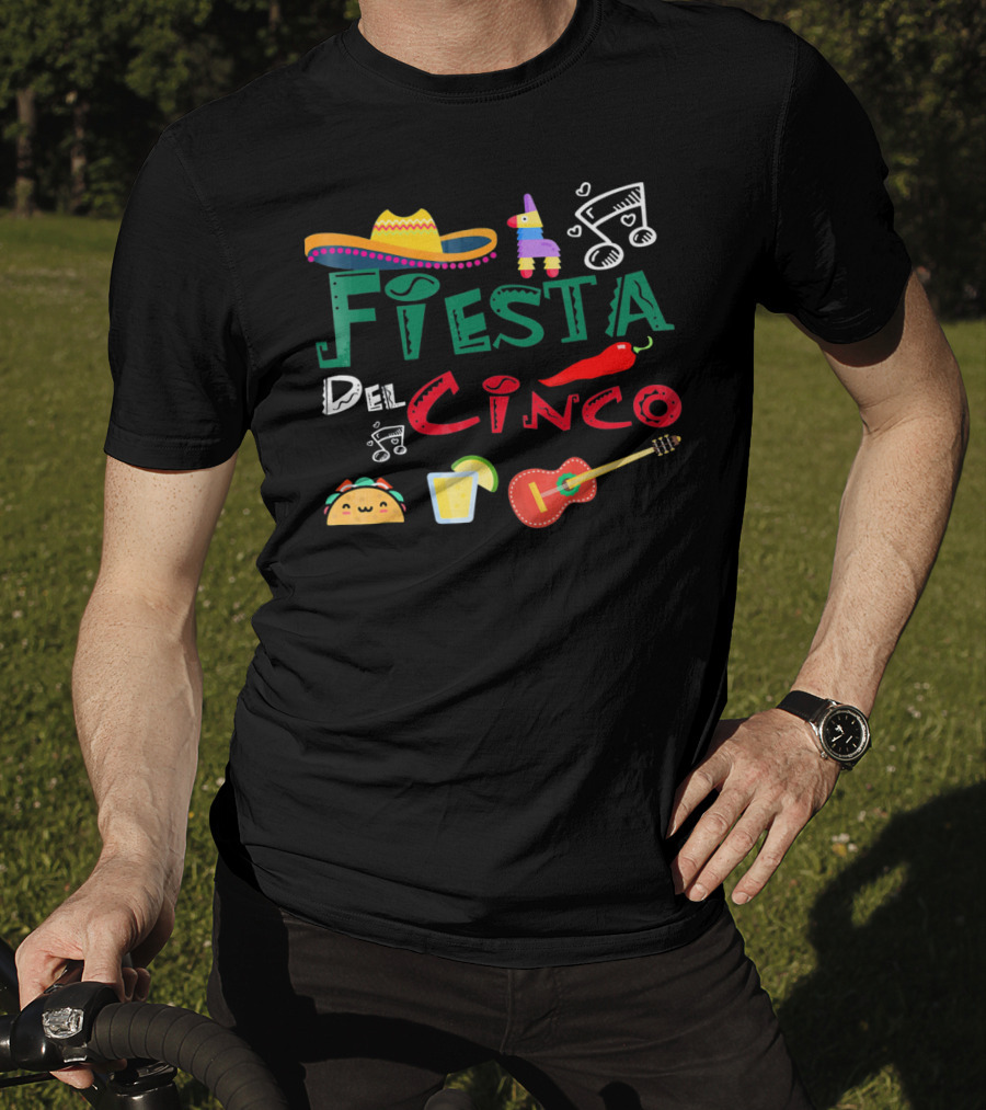 Fiesta Del Cinco Sombrero Piñata Taco Guitar Jalapeño Music Notes T-Shirt