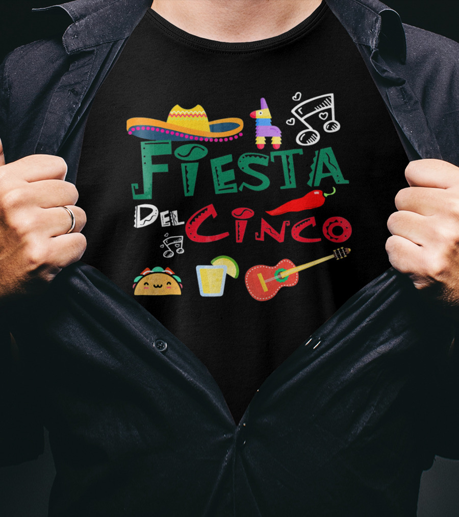 Fiesta Del Cinco Sombrero Piñata Taco Guitar Jalapeño Music Notes T-Shirt