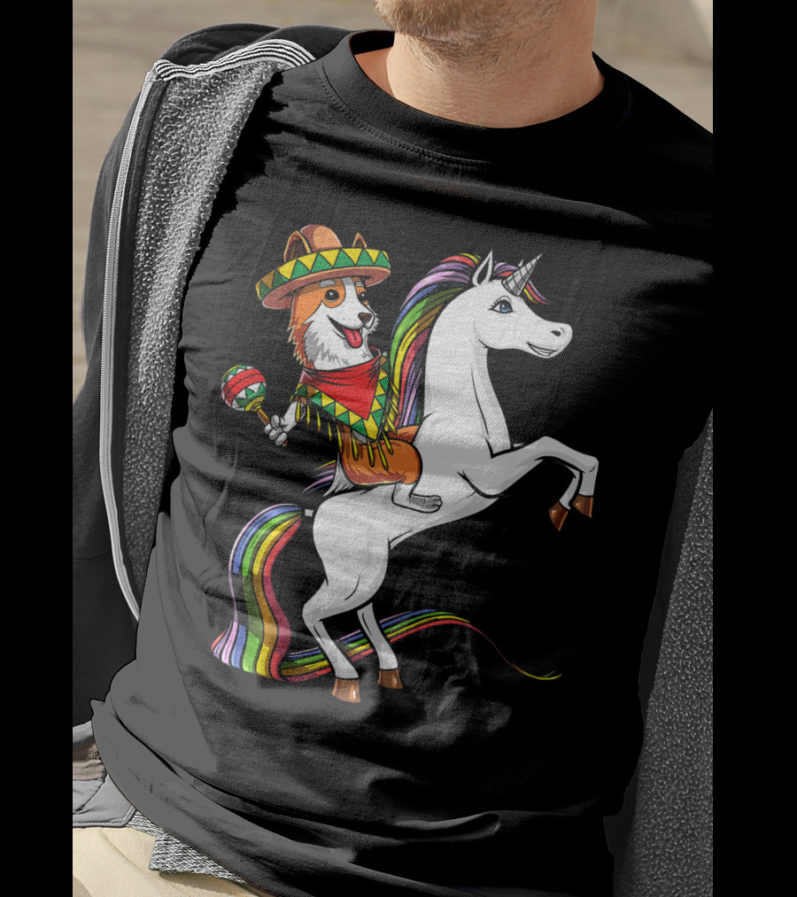 Corgi Riding Unicorn In Sombrero With Maracas Cinco De Mayo Mexic Fiesta T-Shirt
