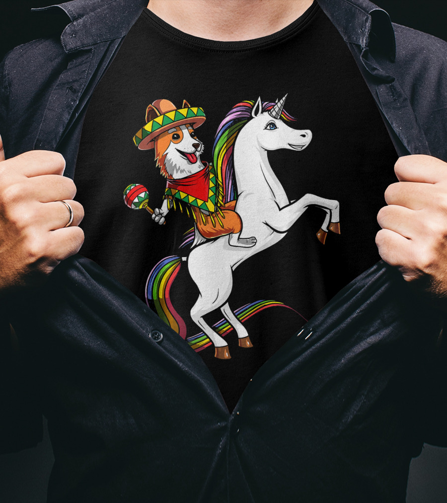Corgi Riding Unicorn In Sombrero With Maracas Cinco De Mayo Mexic Fiesta T-Shirt