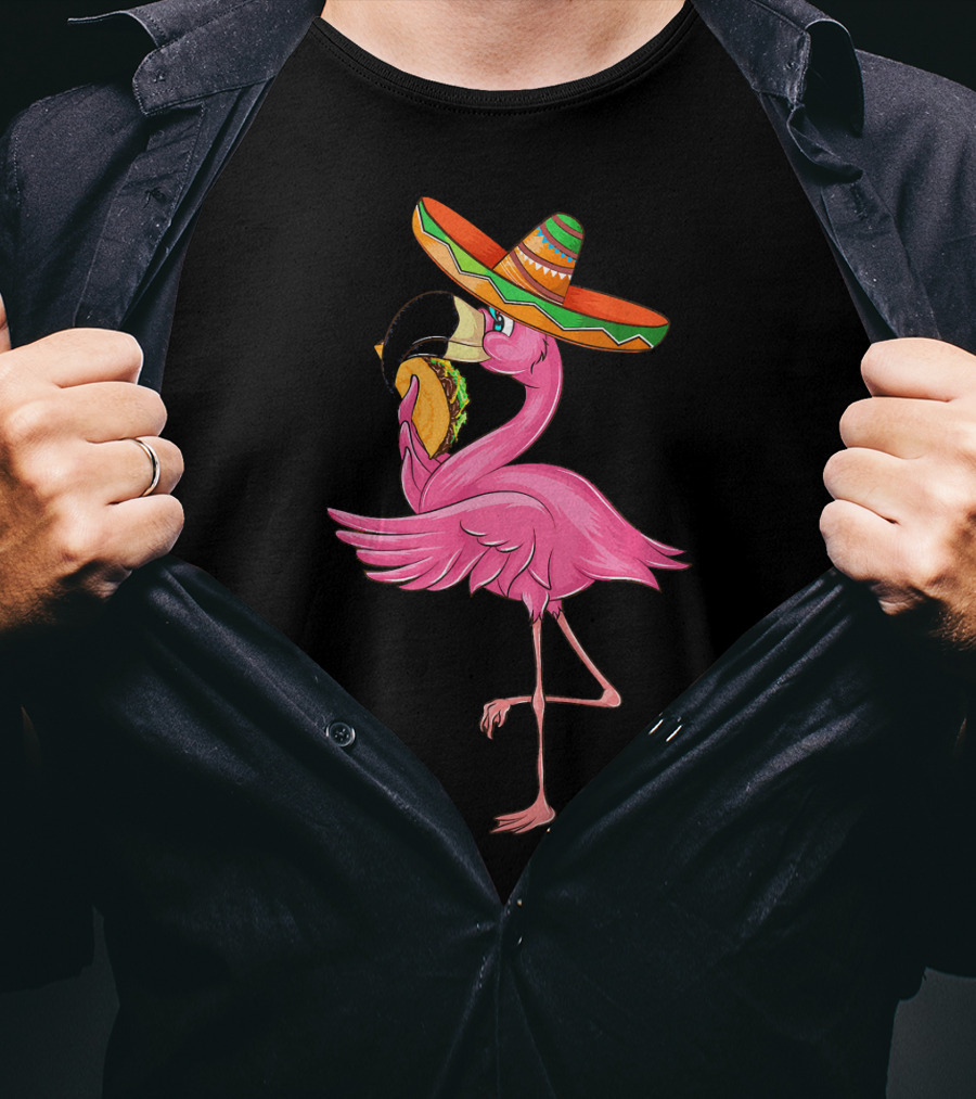 Cute Flamingo With Taco And Sombrero For Cinco De Mayo T-Shirt