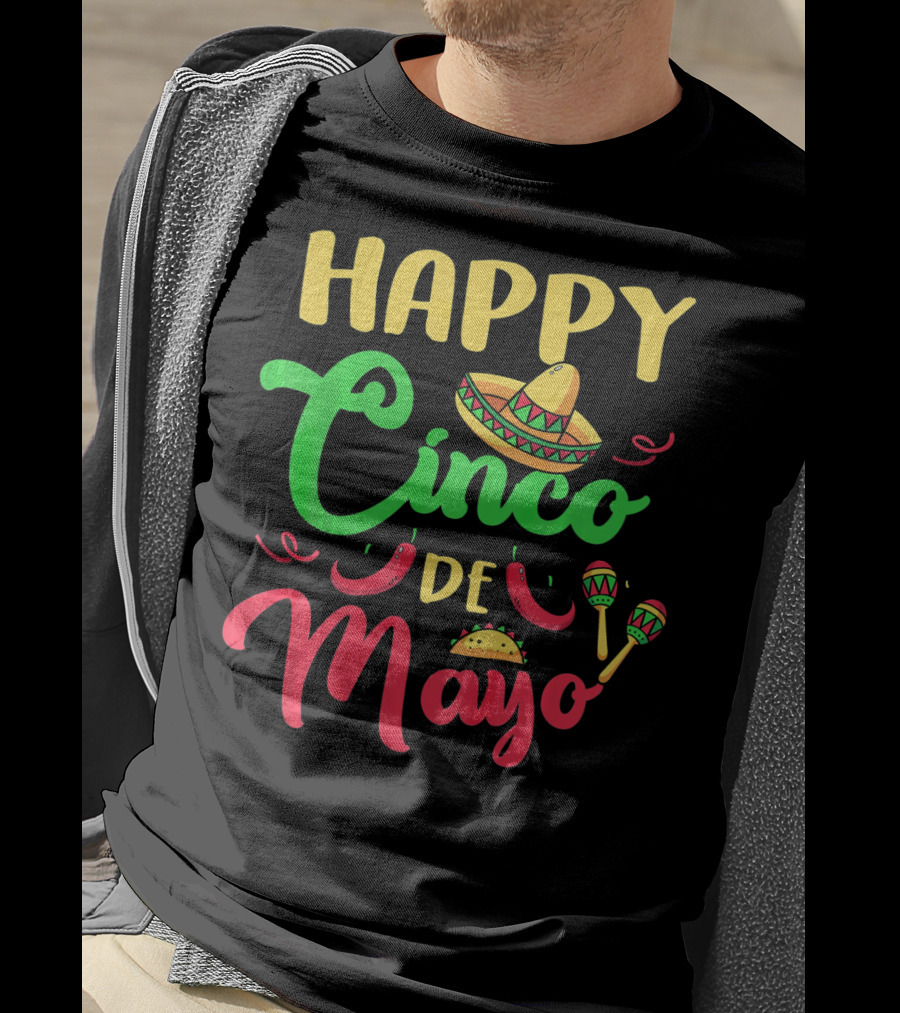 Happy Cinco De Mayo Sombrero Taco Maracas Peppers T-Shirt