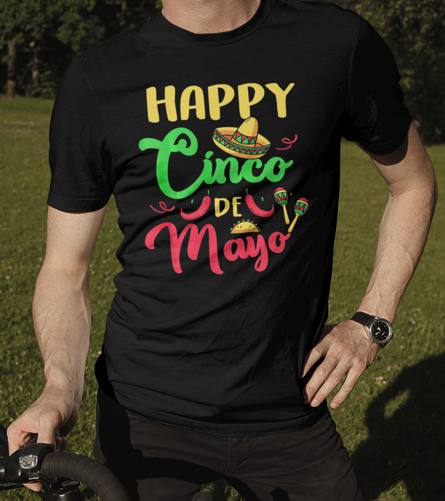 Happy Cinco De Mayo Sombrero Taco Maracas Peppers T-Shirt