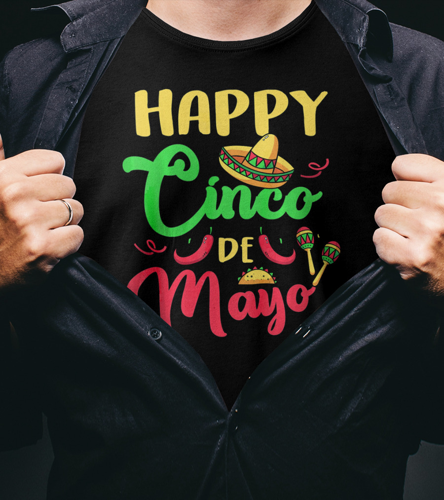 Happy Cinco De Mayo Sombrero Taco Maracas Peppers T-Shirt