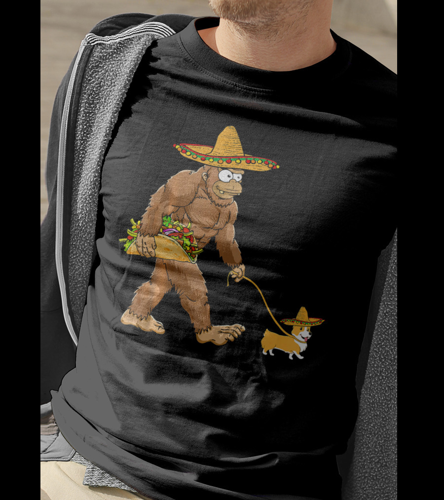 Bigfoot Sombrero Taco Corgi Dog Cinco De Mayo T-Shirt