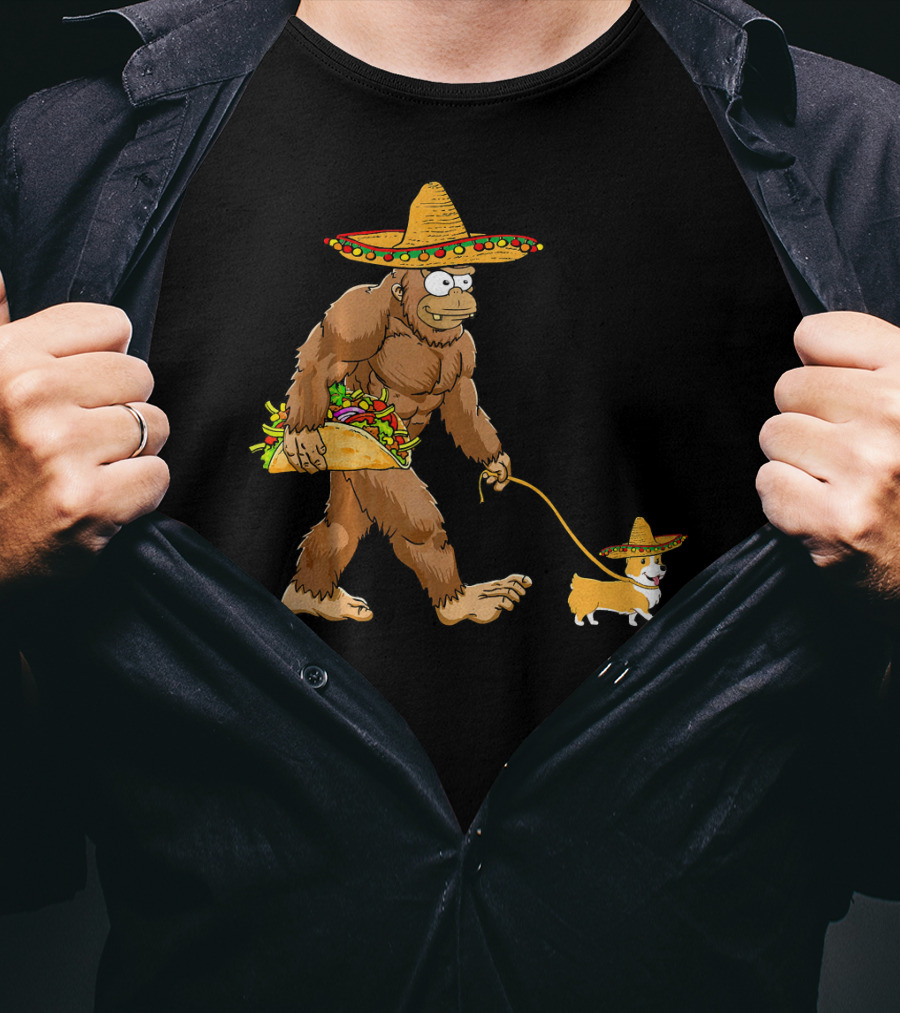 Bigfoot Sombrero Taco Corgi Dog Cinco De Mayo T-Shirt