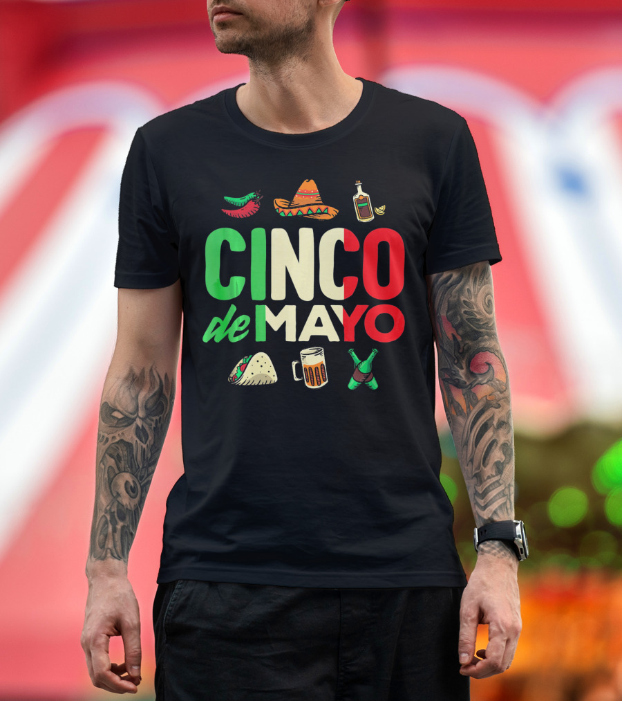 Cinco De Mayo Fiesta Sombrero Taco Beer Bottle Peppers T-Shirt