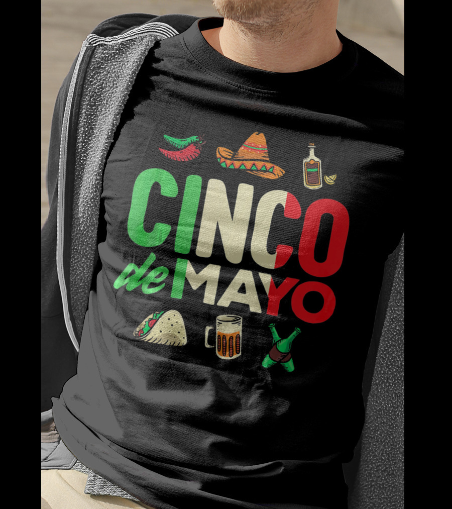 Cinco De Mayo Fiesta Sombrero Taco Beer Bottle Peppers T-Shirt