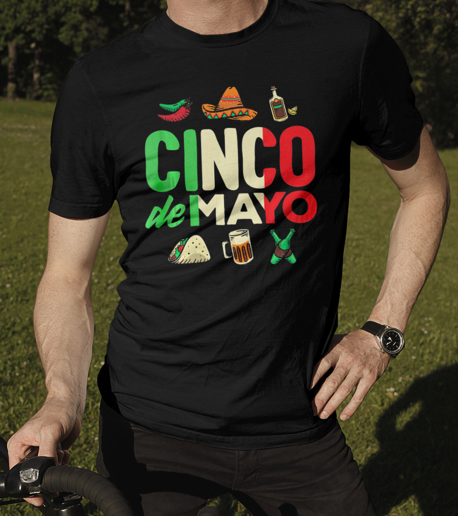 Cinco De Mayo Fiesta Sombrero Taco Beer Bottle Peppers T-Shirt