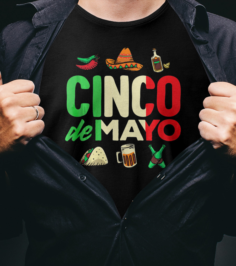 Cinco De Mayo Fiesta Sombrero Taco Beer Bottle Peppers T-Shirt