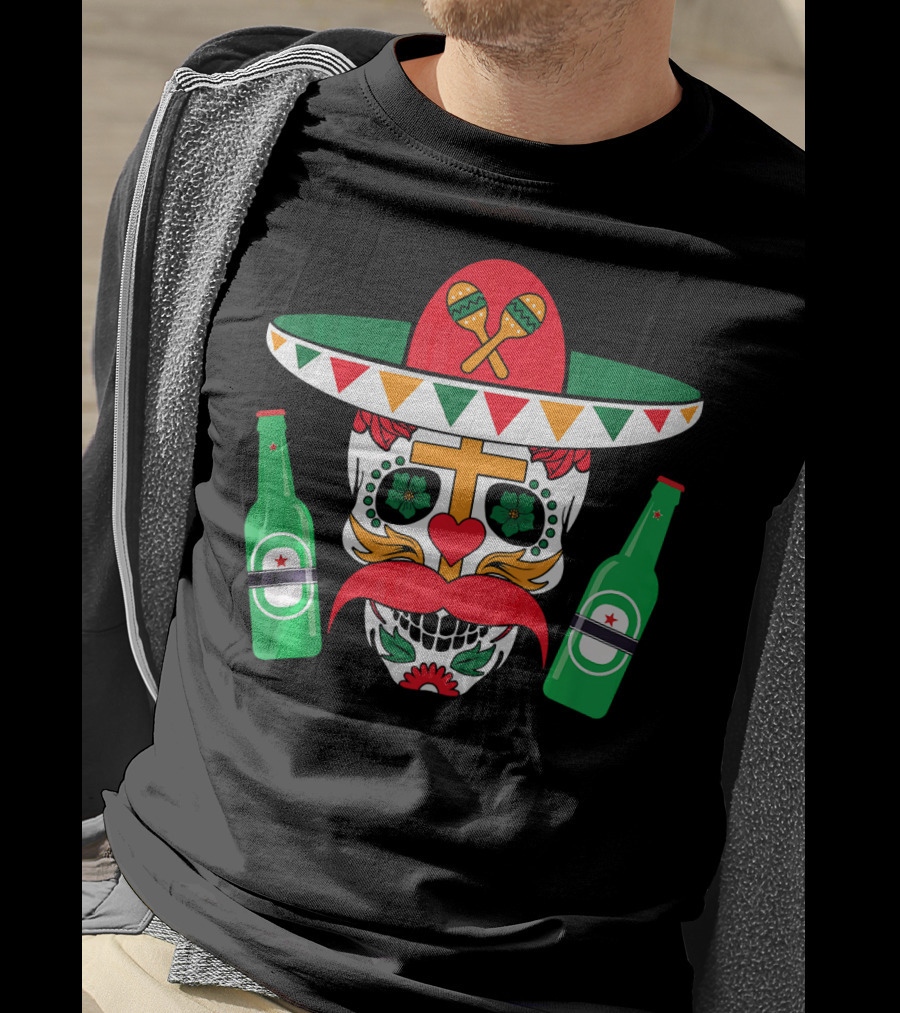 Cinco De Mayo Sugar Skull With Sombrero Maracas And Beer Bottles Mexi T-Shirt