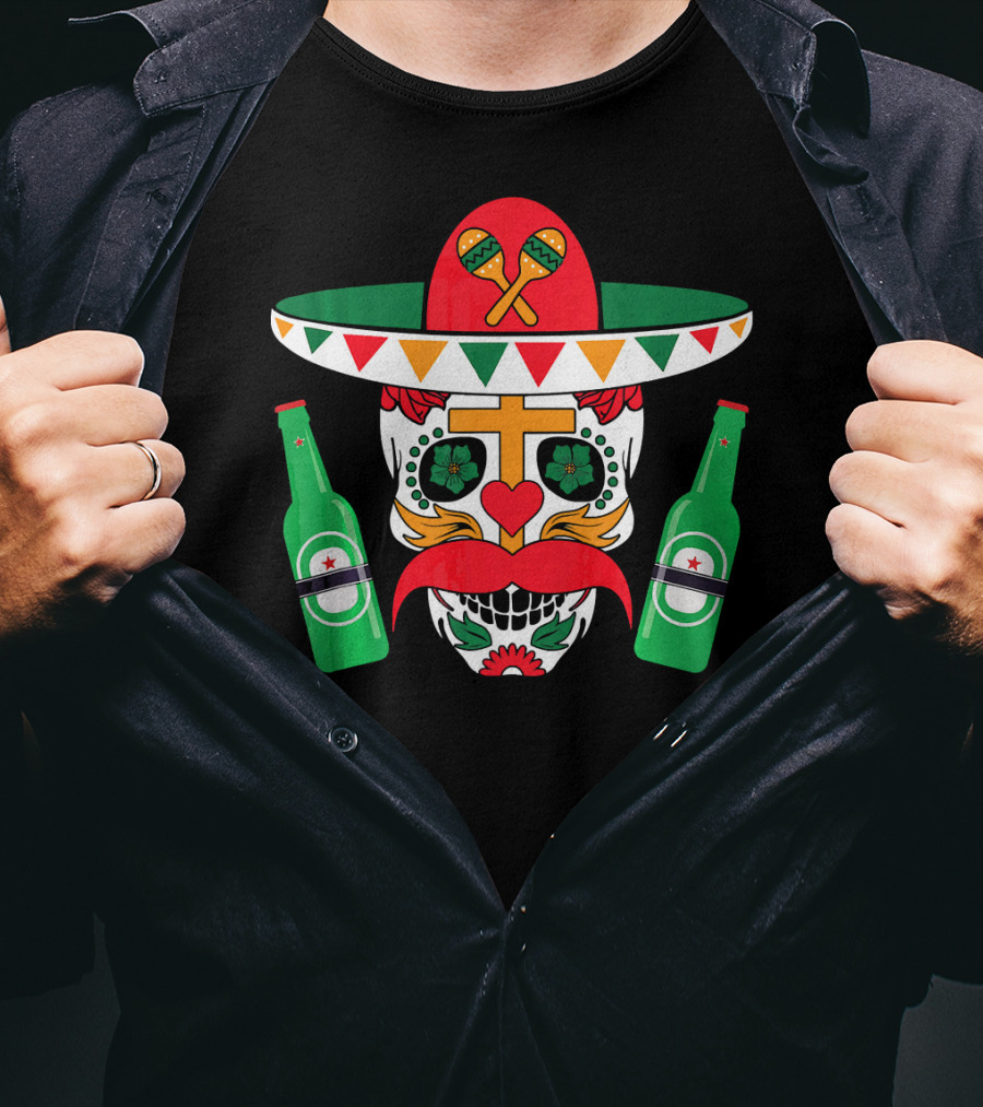 Cinco De Mayo Sugar Skull With Sombrero Maracas And Beer Bottles Mexi T-Shirt