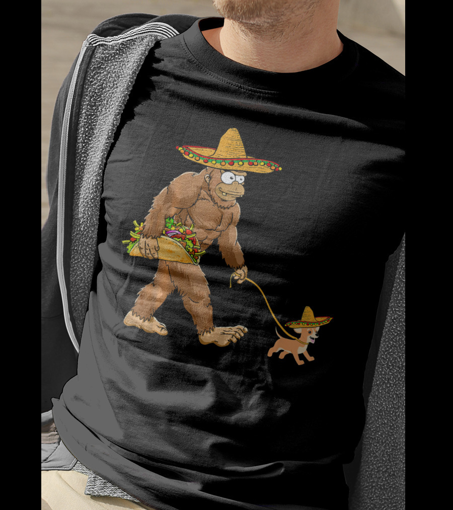 Bigfoot Taco Sombrero Chihuahua Dog Walking Cinco De Mayo T-Shirt
