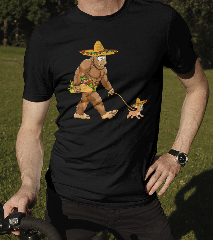Bigfoot Taco Sombrero Chihuahua Dog Walking Cinco De Mayo T-Shirt
