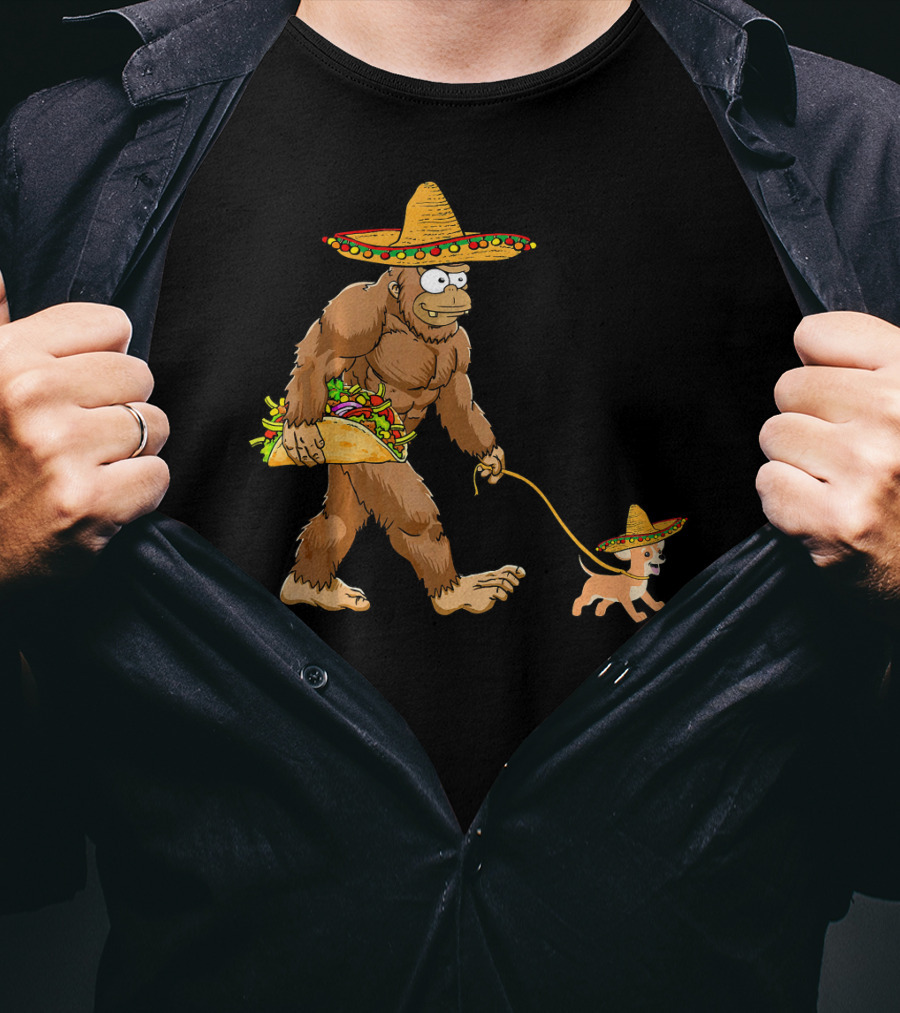 Bigfoot Taco Sombrero Chihuahua Dog Walking Cinco De Mayo T-Shirt