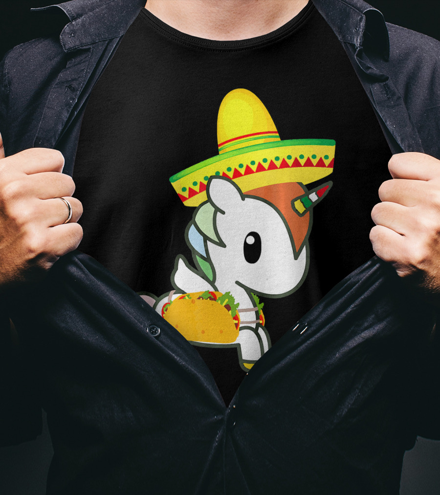 Chibi Cinco De Mayo Unicorn Wearing Sombrero Taco T-Shirt