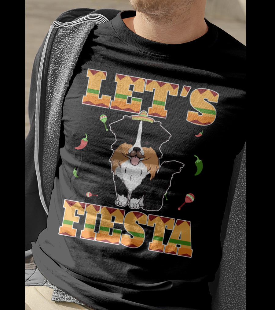 Let's Fiesta Australian Shepherd Dog Sombrero Maracas Peppers T-Shirt