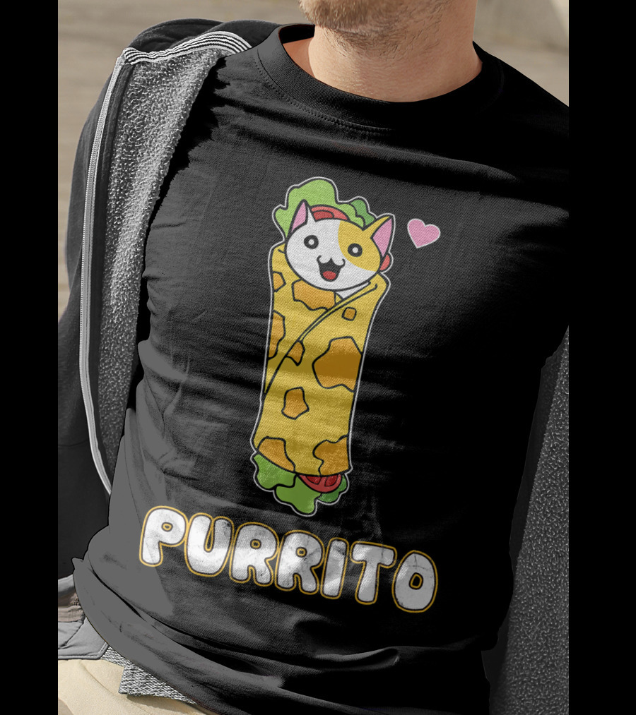 Purrito Kitten Wrapped In Burrito With Heart And Taco Cat Expression T-Shirt
