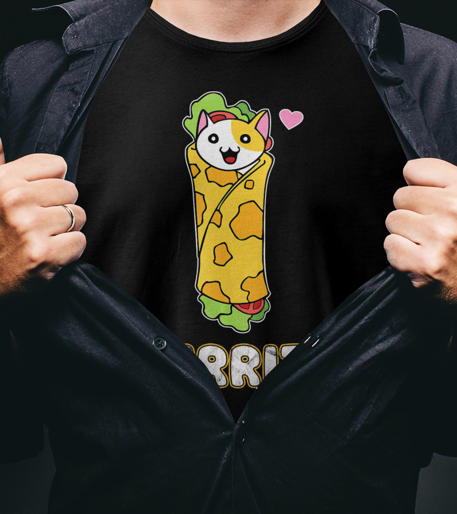 Purrito Kitten Wrapped In Burrito With Heart And Taco Cat Expression T-Shirt