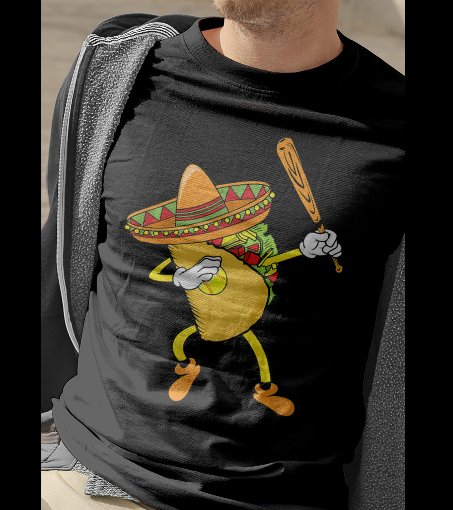 Cinco De Mayo Dabbing Taco Softball Bat Sombrero T-Shirt