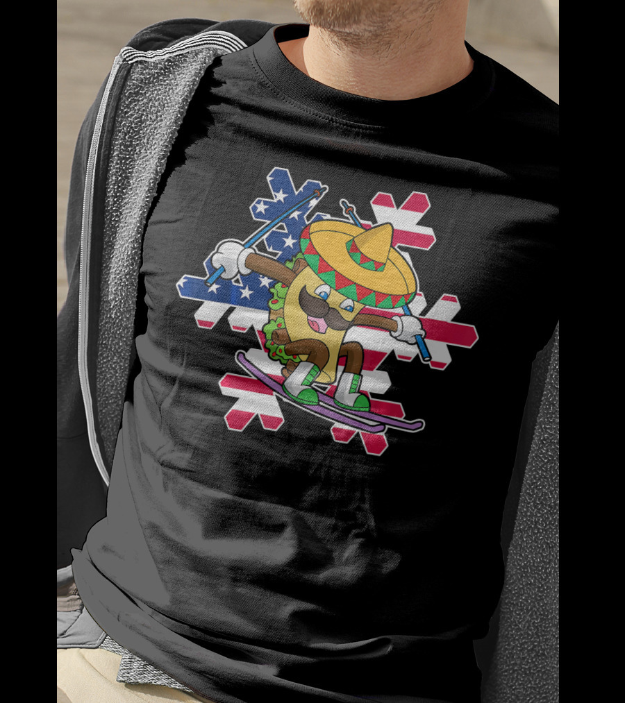 Taco Skiing Sombrero Cinco De Mayo Mexican American Flag Snowflakes T-Shirt