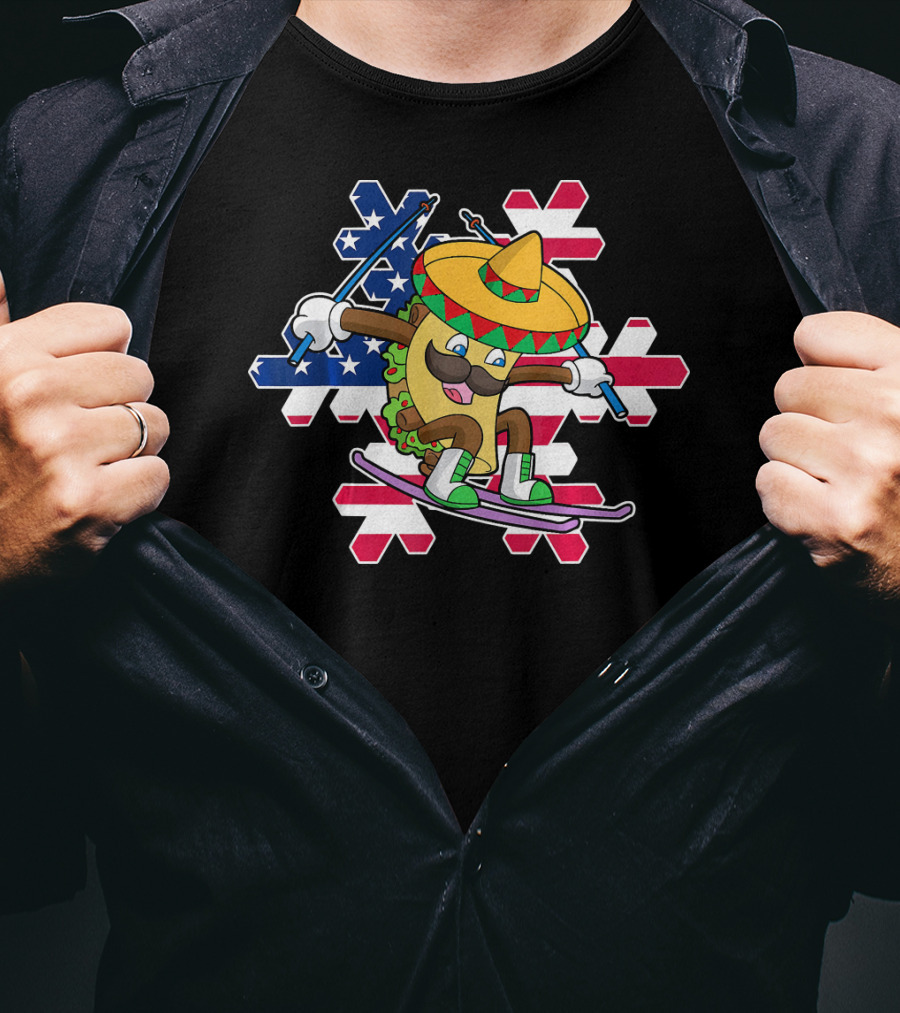 Taco Skiing Sombrero Cinco De Mayo Mexican American Flag Snowflakes T-Shirt
