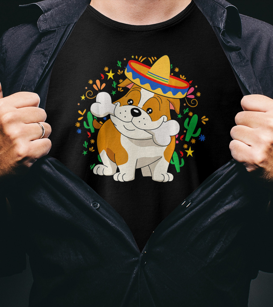 Bulldog Puppy In Sombrero With Bone And Cactus Cinco De Mayo T-Shirt