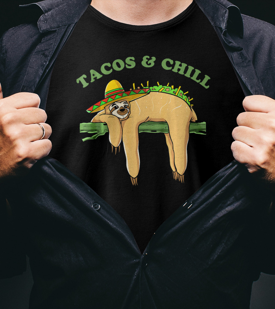 Tacos And Chill Sombrero Wearing Sloth Taco Costume Cinco De Mayo T-Shirt