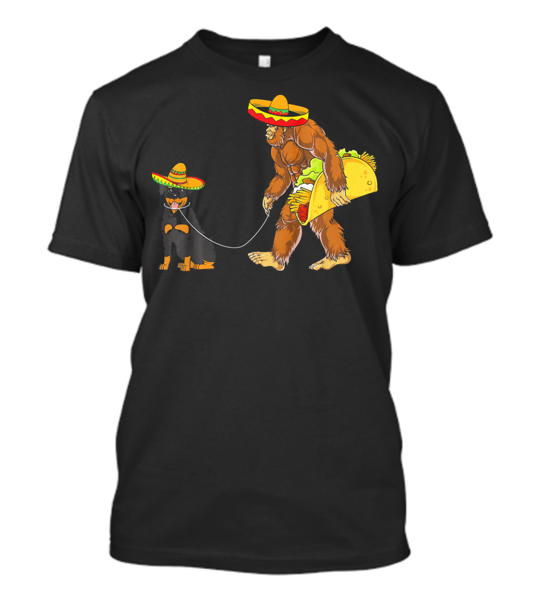 Cinco De Mayo Bigfoot Walking Rottweiler Taco Sombrero T-Shirt
