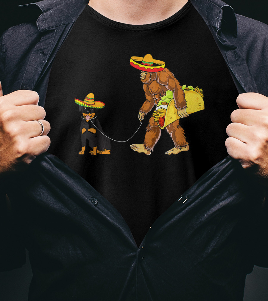 Cinco De Mayo Bigfoot Walking Rottweiler Taco Sombrero T-Shirt