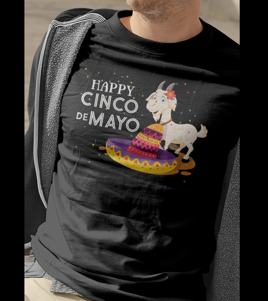 Happy Cinco De Mayo Funny Goat With Sombrero And Colorful Confetti T-Shirt