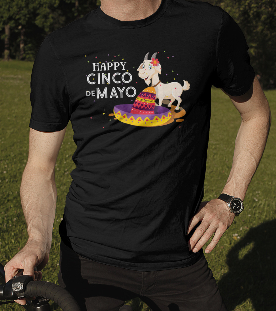 Happy Cinco De Mayo Funny Goat With Sombrero And Colorful Confetti T-Shirt