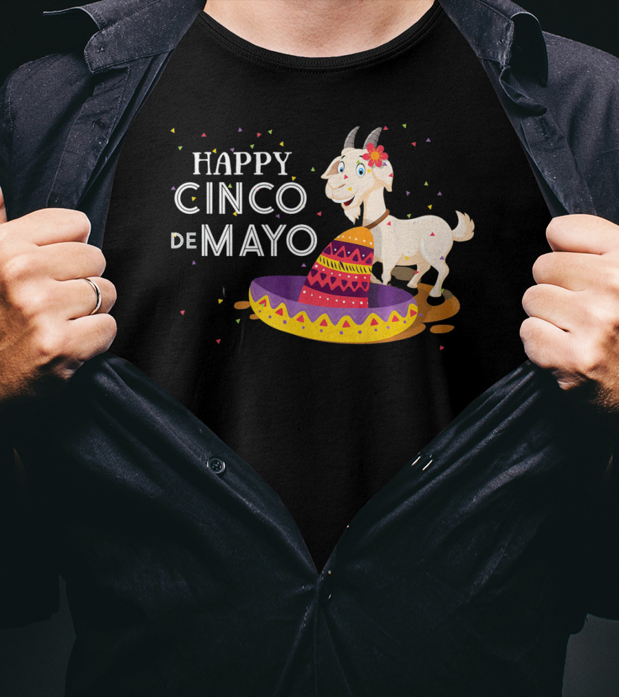Happy Cinco De Mayo Funny Goat With Sombrero And Colorful Confetti T-Shirt