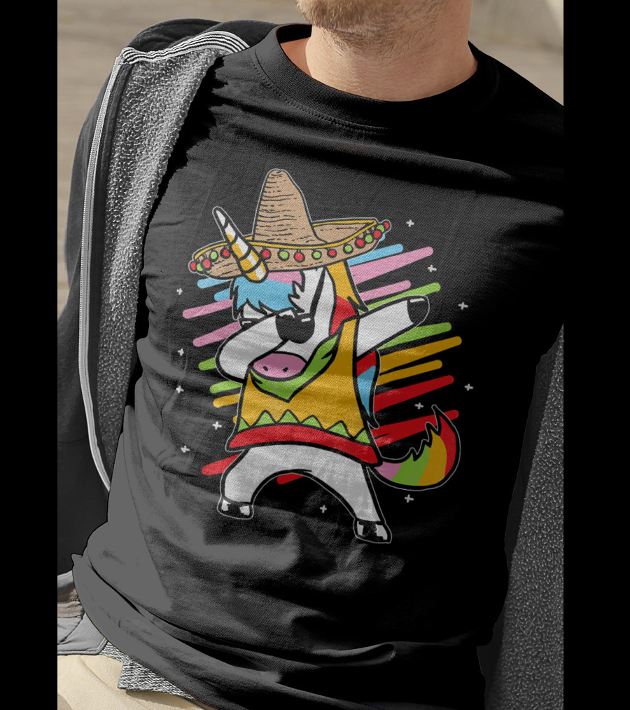 Dabbing Unicorn Cinco De Mayo Sombrero Rainbow Mexican Colors T-Shirt