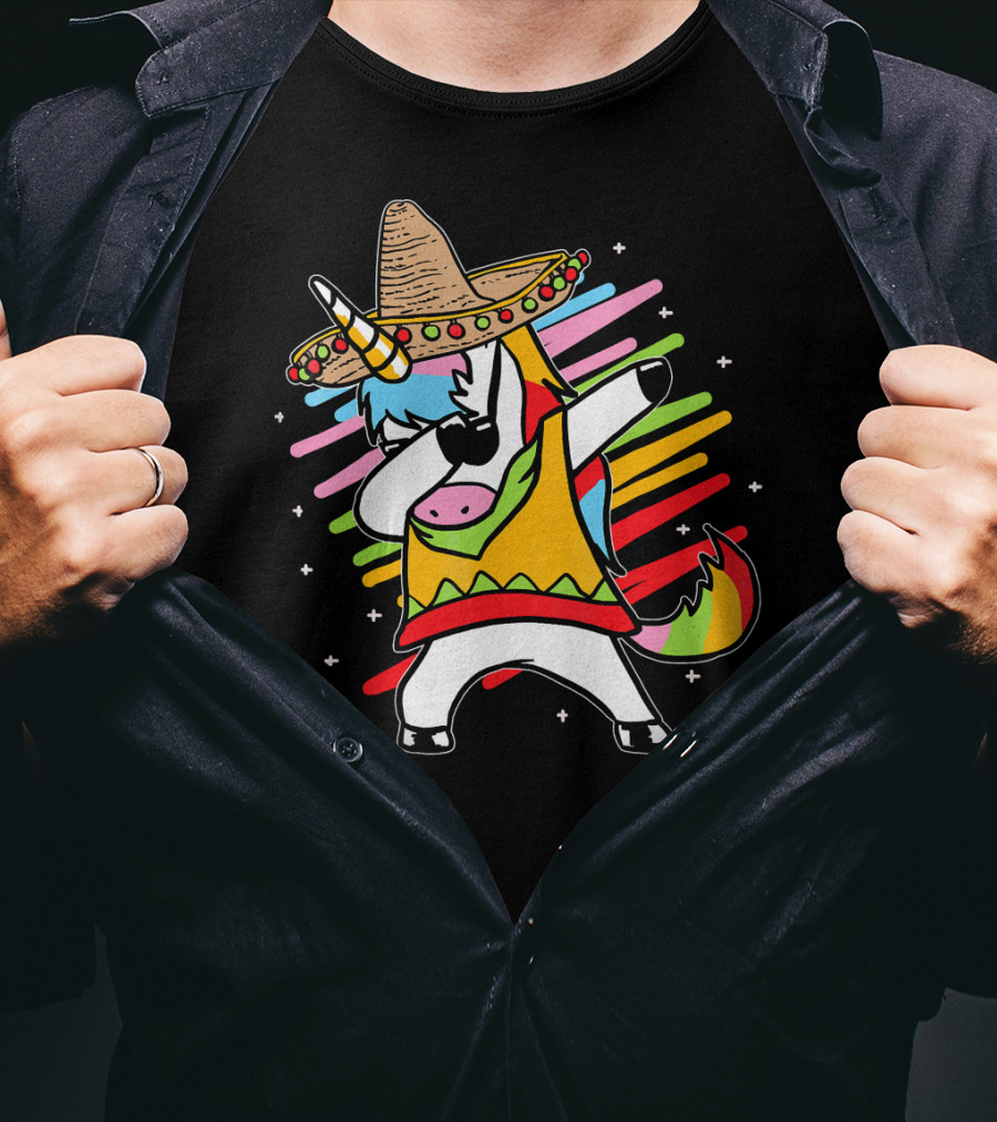Dabbing Unicorn Cinco De Mayo Sombrero Rainbow Mexican Colors T-Shirt