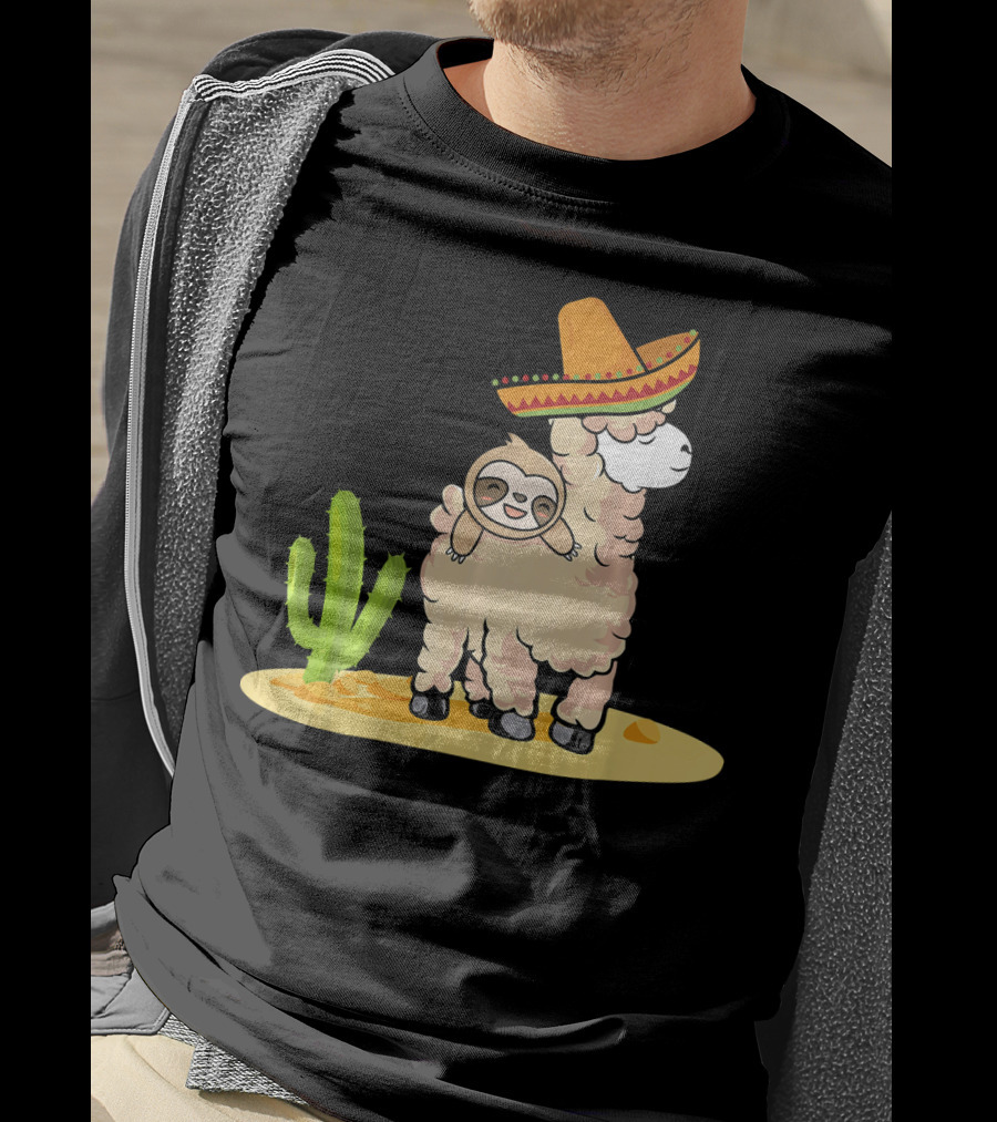 Cinco De Mayo Mexican Llama Sloth Riding Sombrero Cactus Desert Scene T-Shirt