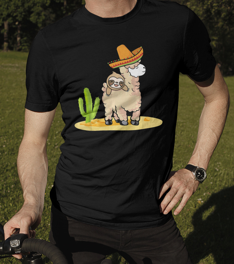 Cinco De Mayo Mexican Llama Sloth Riding Sombrero Cactus Desert Scene T-Shirt
