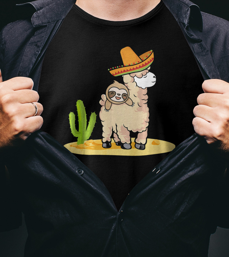 Cinco De Mayo Mexican Llama Sloth Riding Sombrero Cactus Desert Scene T-Shirt