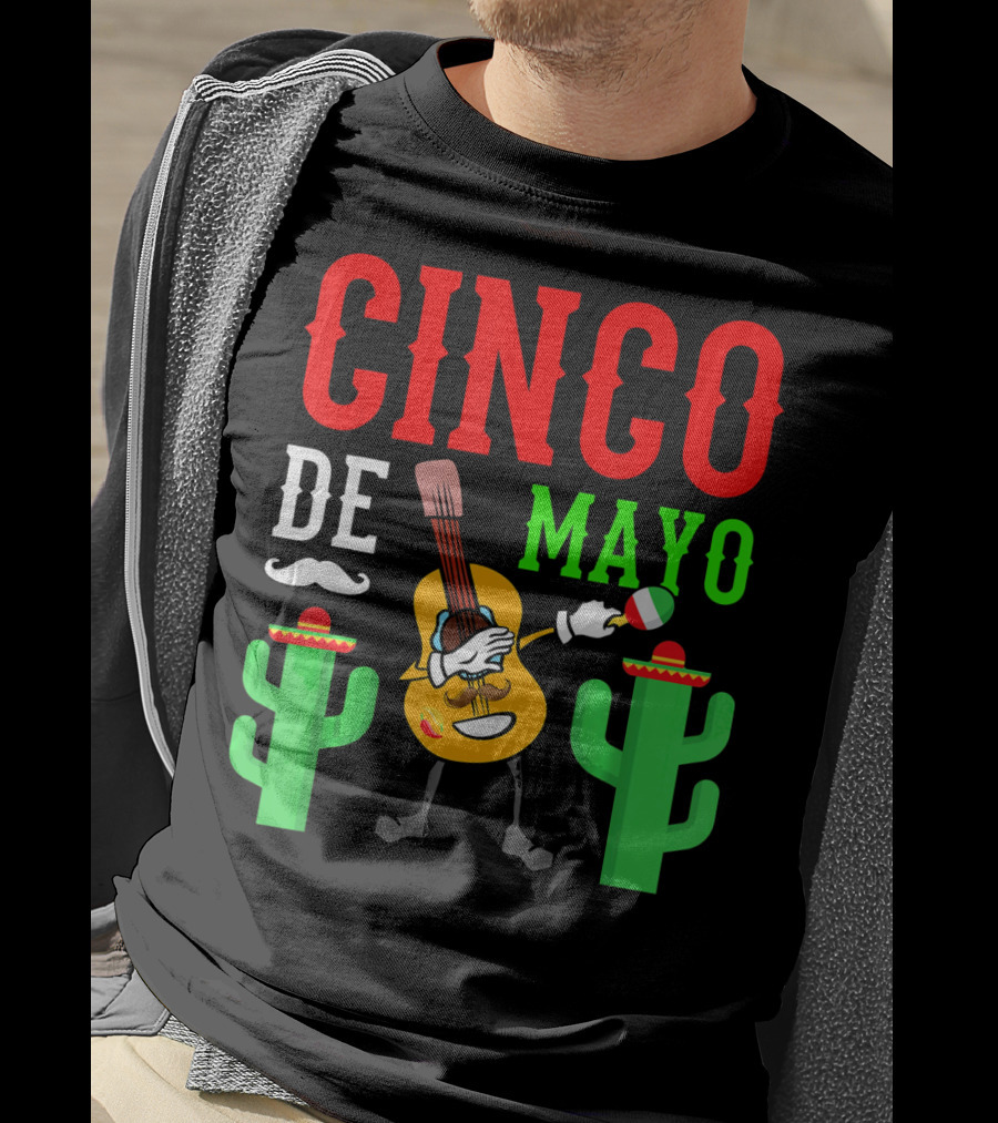 Cinco De Mayo Dabbing Guitar With Cactus And Mustache T-Shirt