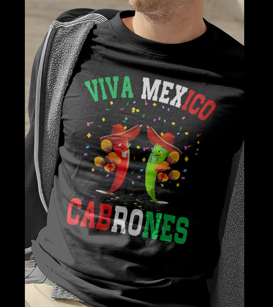 Viva Mexico Cabrones Red Green Chili Peppers Sombreros Confetti T-Shirt